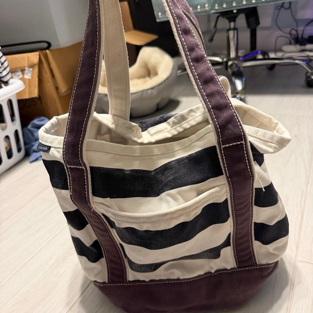 Lands’ End Striped Canvas Tote Bag Navy White Beach Tote Shoulder Bag